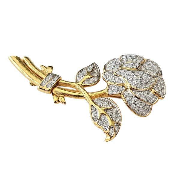 Nolan Miller Stemmed Rose Brooch, Gold Tone Clear Pave Pin Signed, J40 - Picture 4 of 8